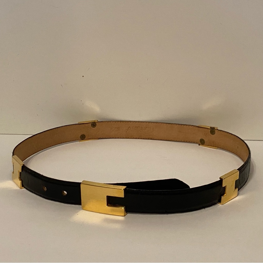AVIGNON BELT BLACK LEATHER CROC LOOK GOLD TONE HARDWARE USA ACCESSORY SIZE M